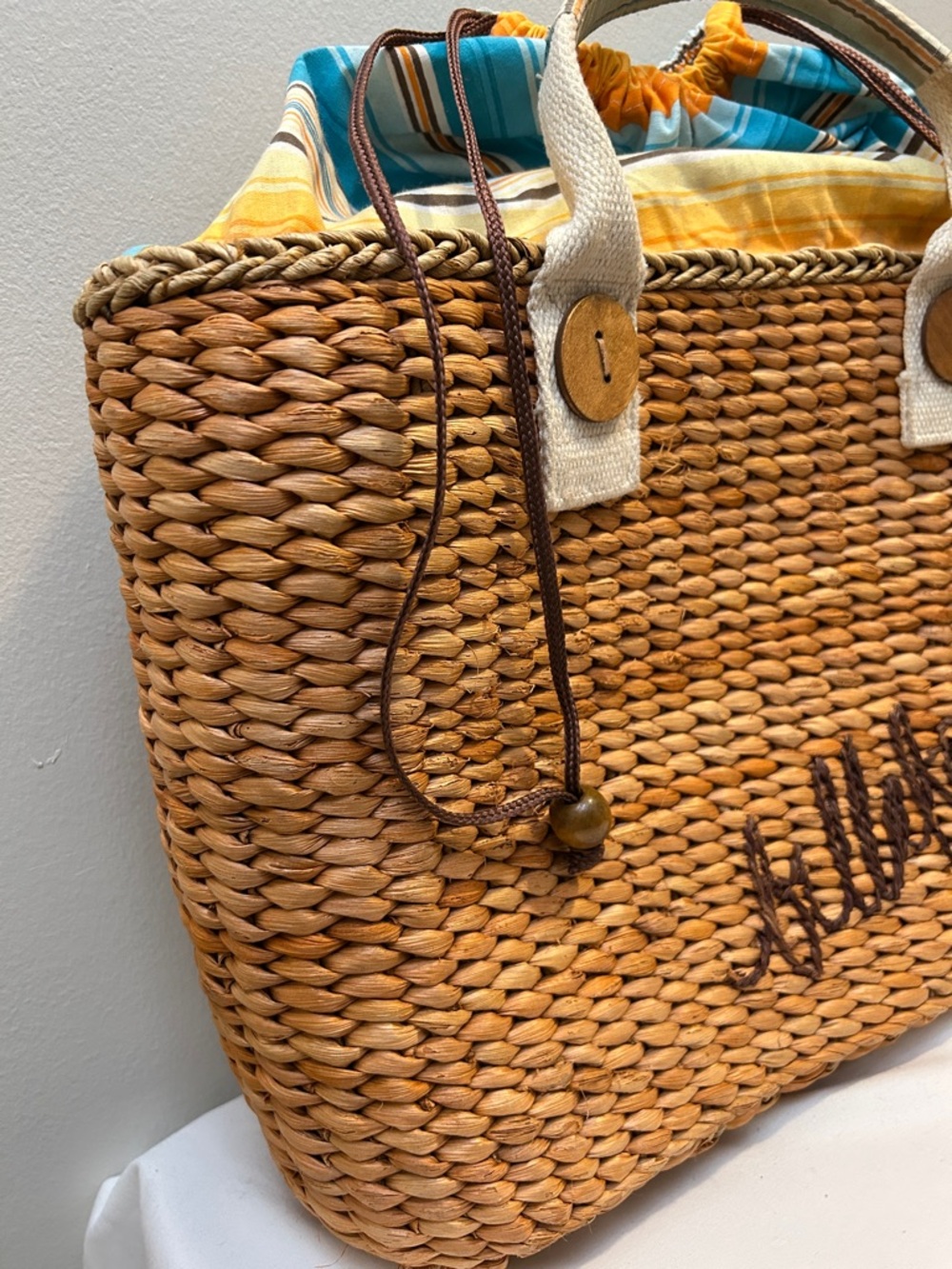 Billabong Woven Straw Tote with Yellow & Teal Striped Lining - Picture 3 of 14